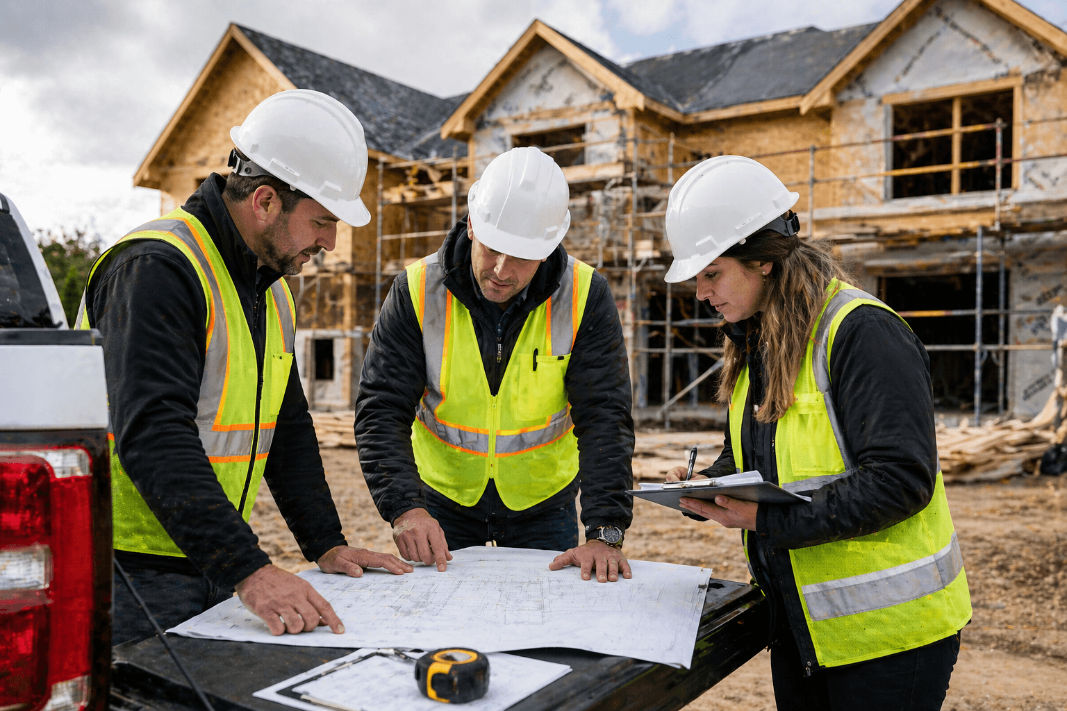 Construction team reviewing a project site