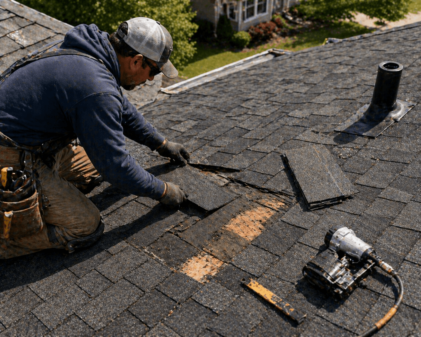 Roof shingles being repaired