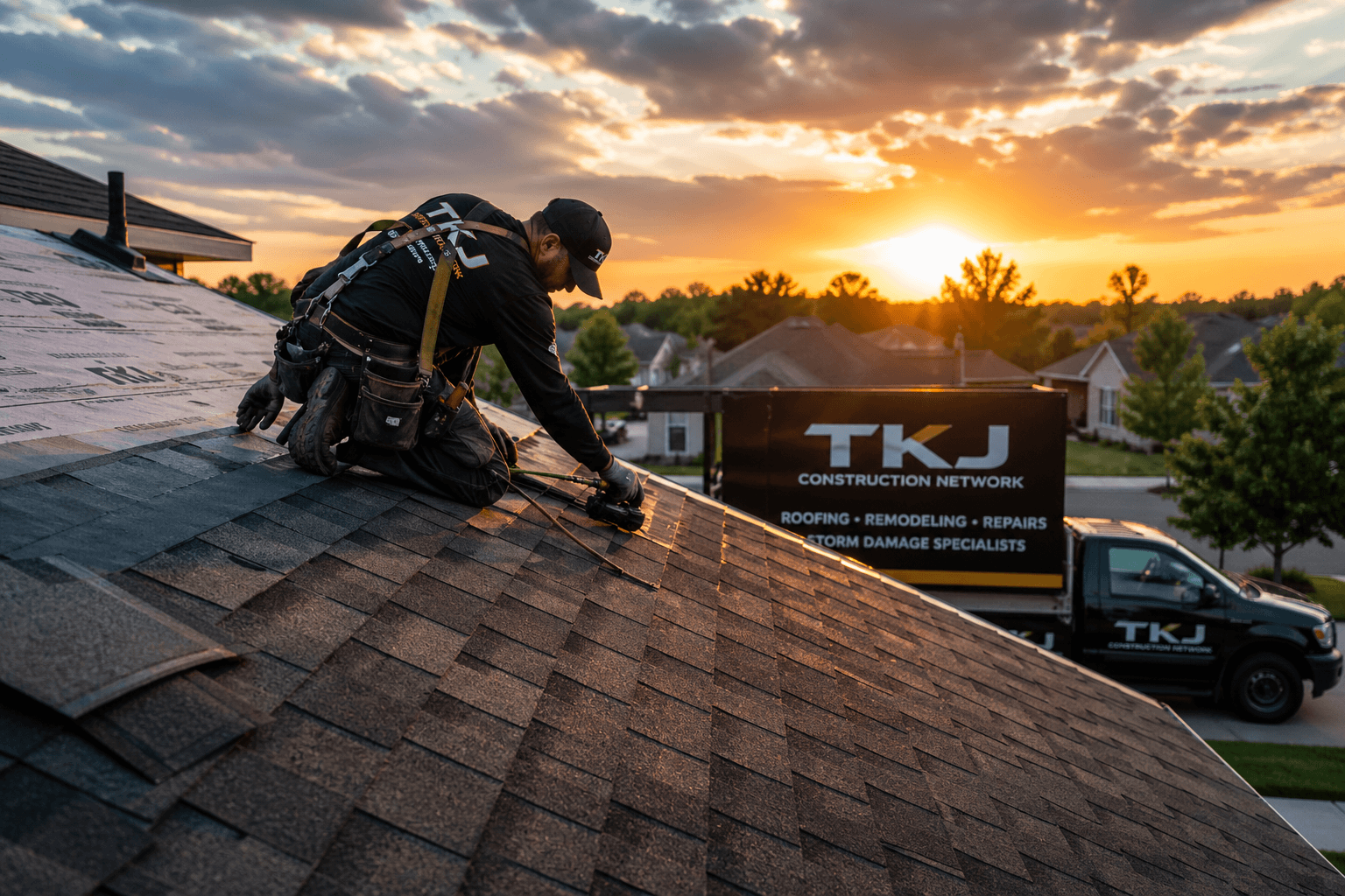 Roofing crew working on a residential roof